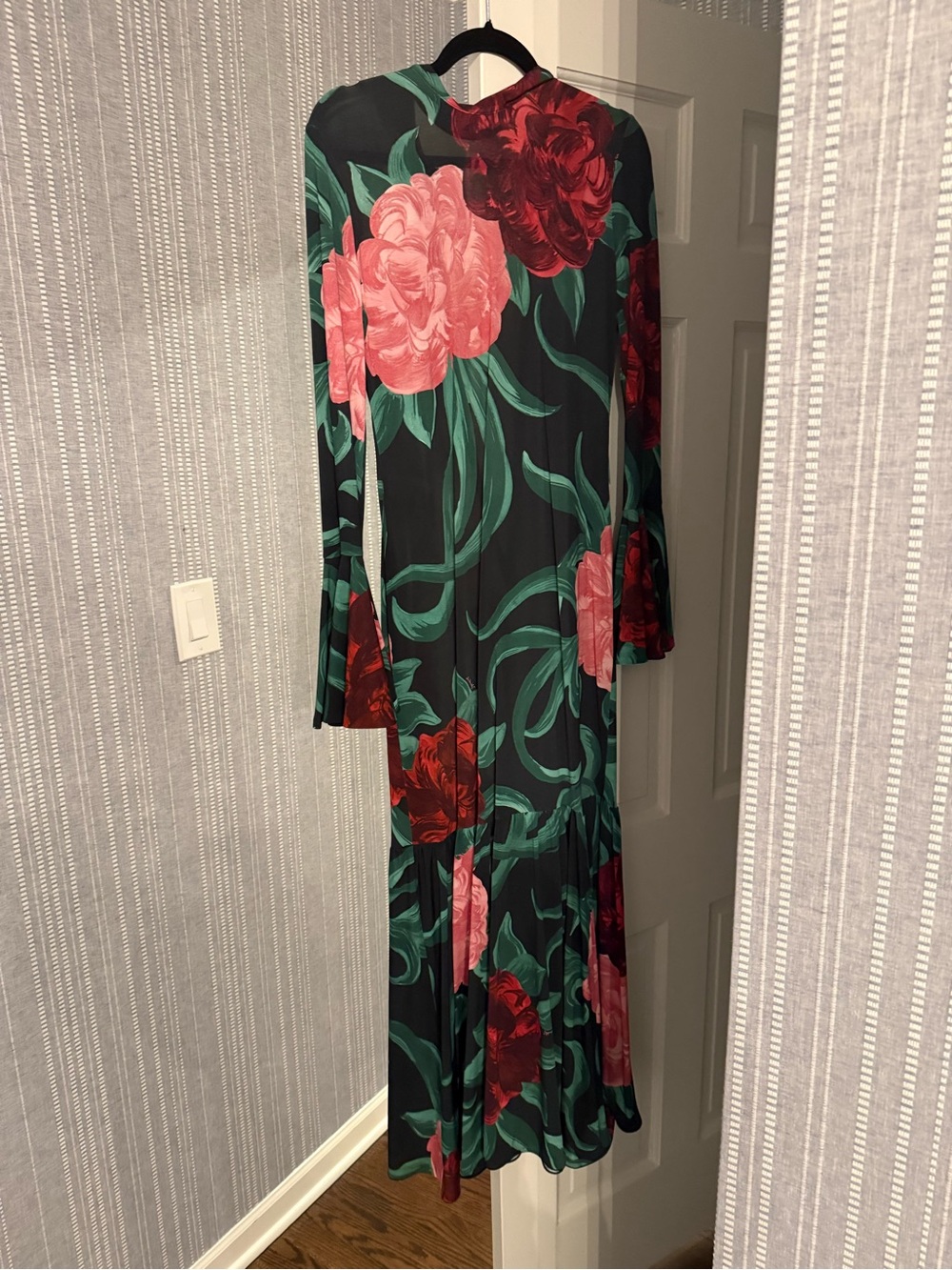 LA DoubleJ Black Midi Dress with Pink & Red Floral Print